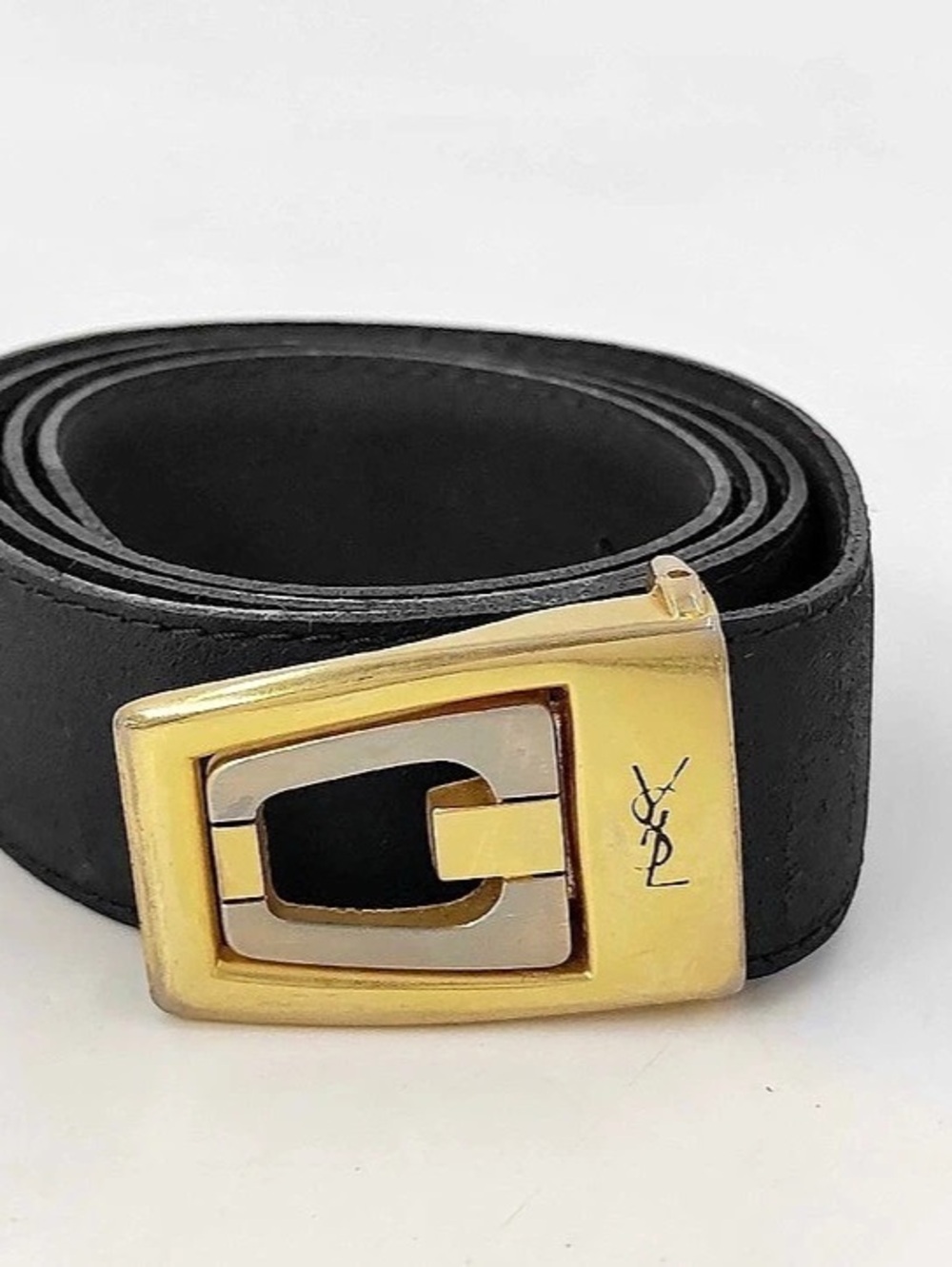 YSL Black Leather Belt with Gold-Tone and Silver Buckle